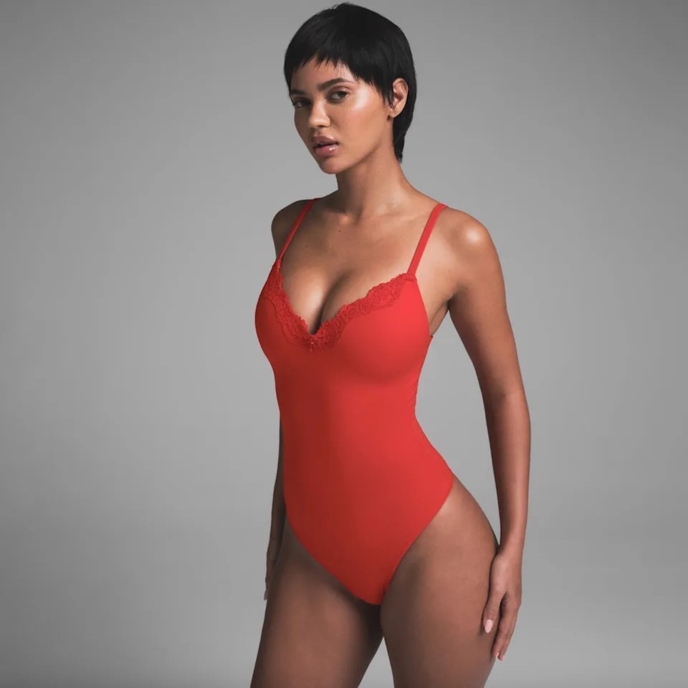 SKIMS Cayenne Lace Push-Up Thong Bodysuit